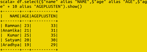scala df show name alias  name age alias age alias ageplusten